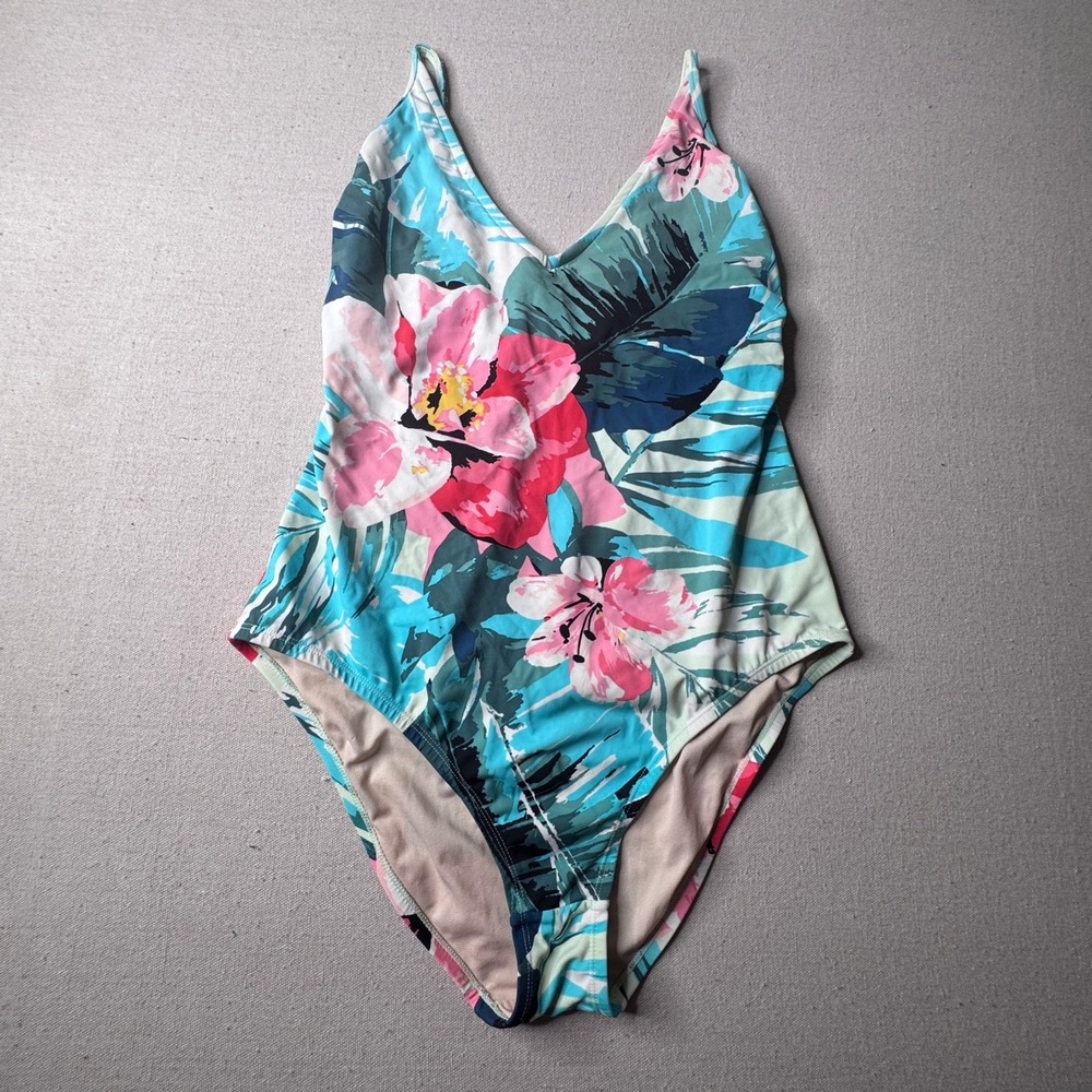 Kona Sol Womens XL Tropical Floral One Piece Swimsuit Teal Pink VNeck Cross Back - Picture 2 of 9